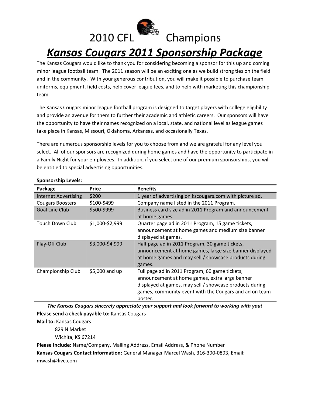 Kansas Cougars 2011 Sponsorship Package