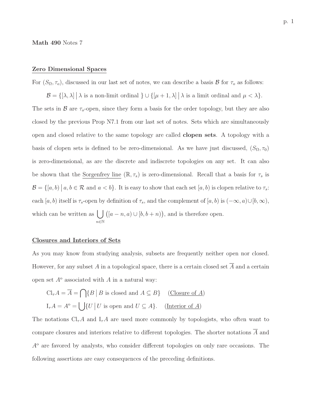 P. 1 Math 490 Notes 7 Zero Dimensional Spaces for (SΩ,Τo)