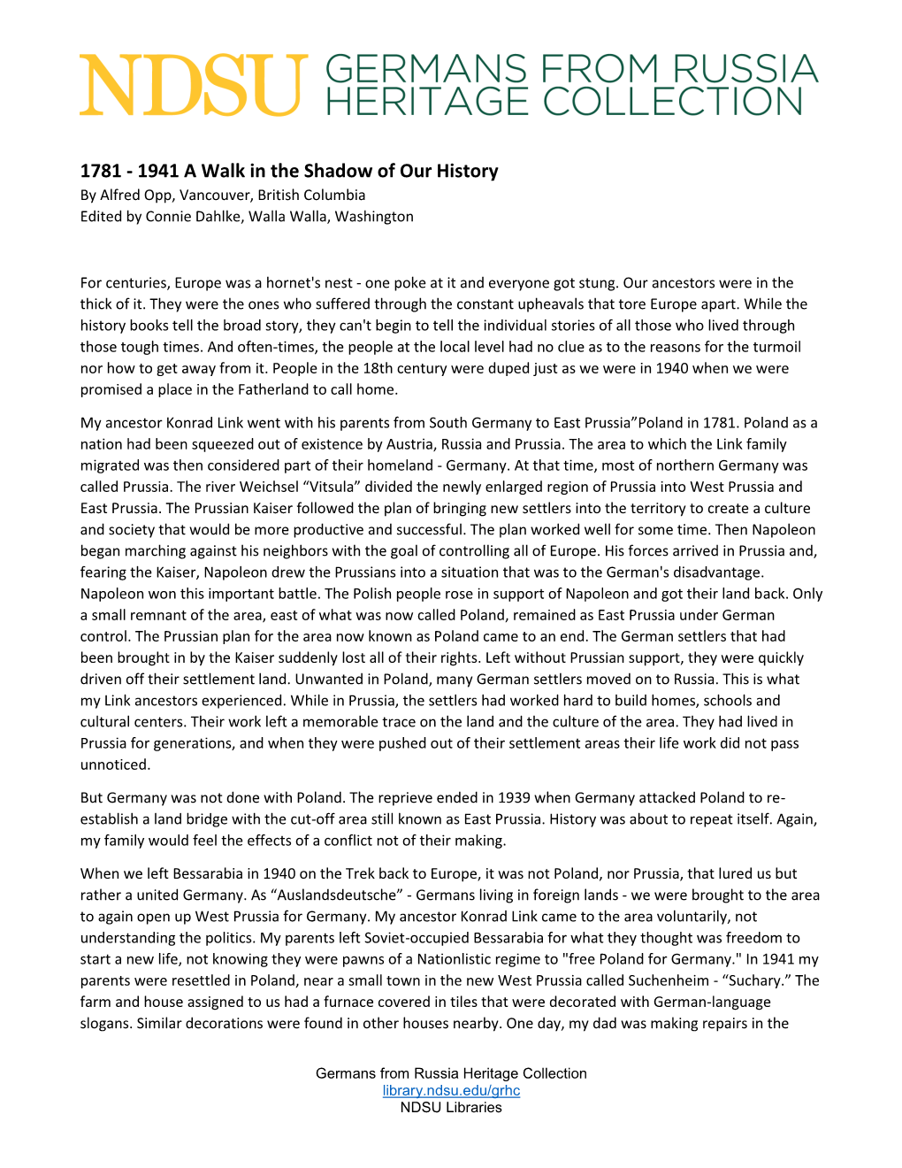 1781 - 1941 a Walk in the Shadow of Our History by Alfred Opp, Vancouver, British Columbia Edited by Connie Dahlke, Walla Walla, Washington