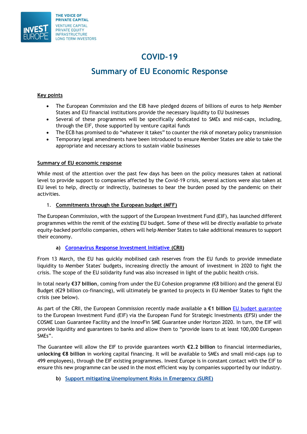 COVID-19 Summary of EU Economic Response