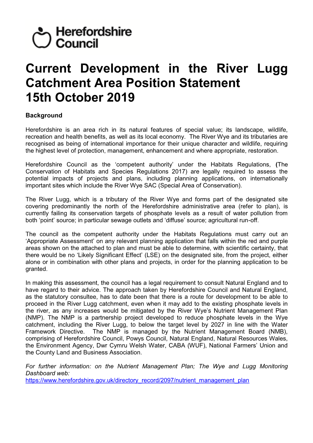 Development in River Lugg Catchment Area Position Statement