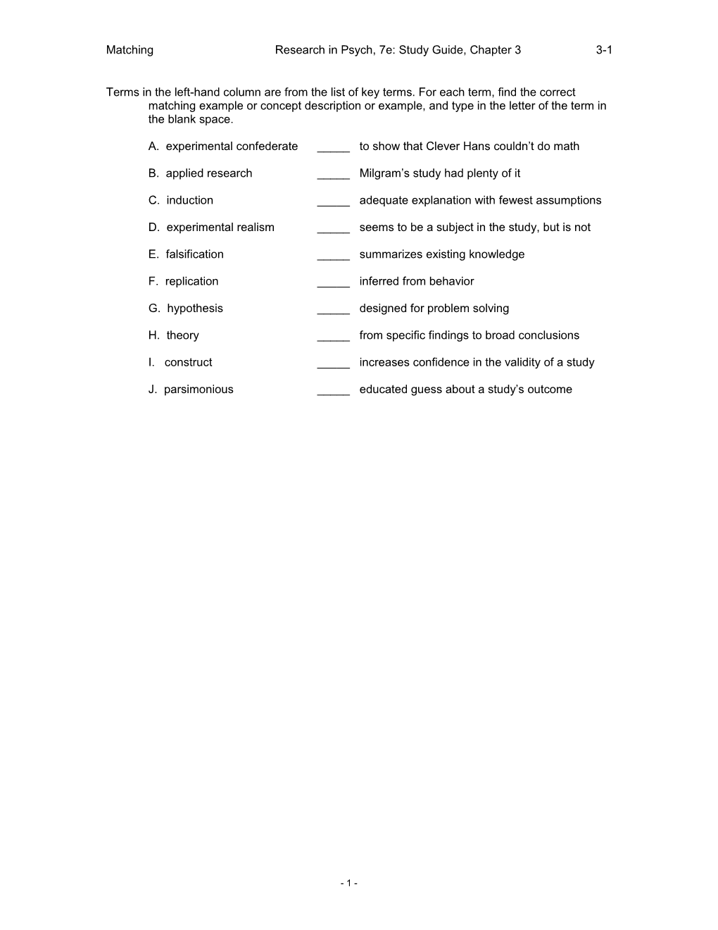 Matching Research in Psych, 7E: Study Guide, Chapter 3 3-1