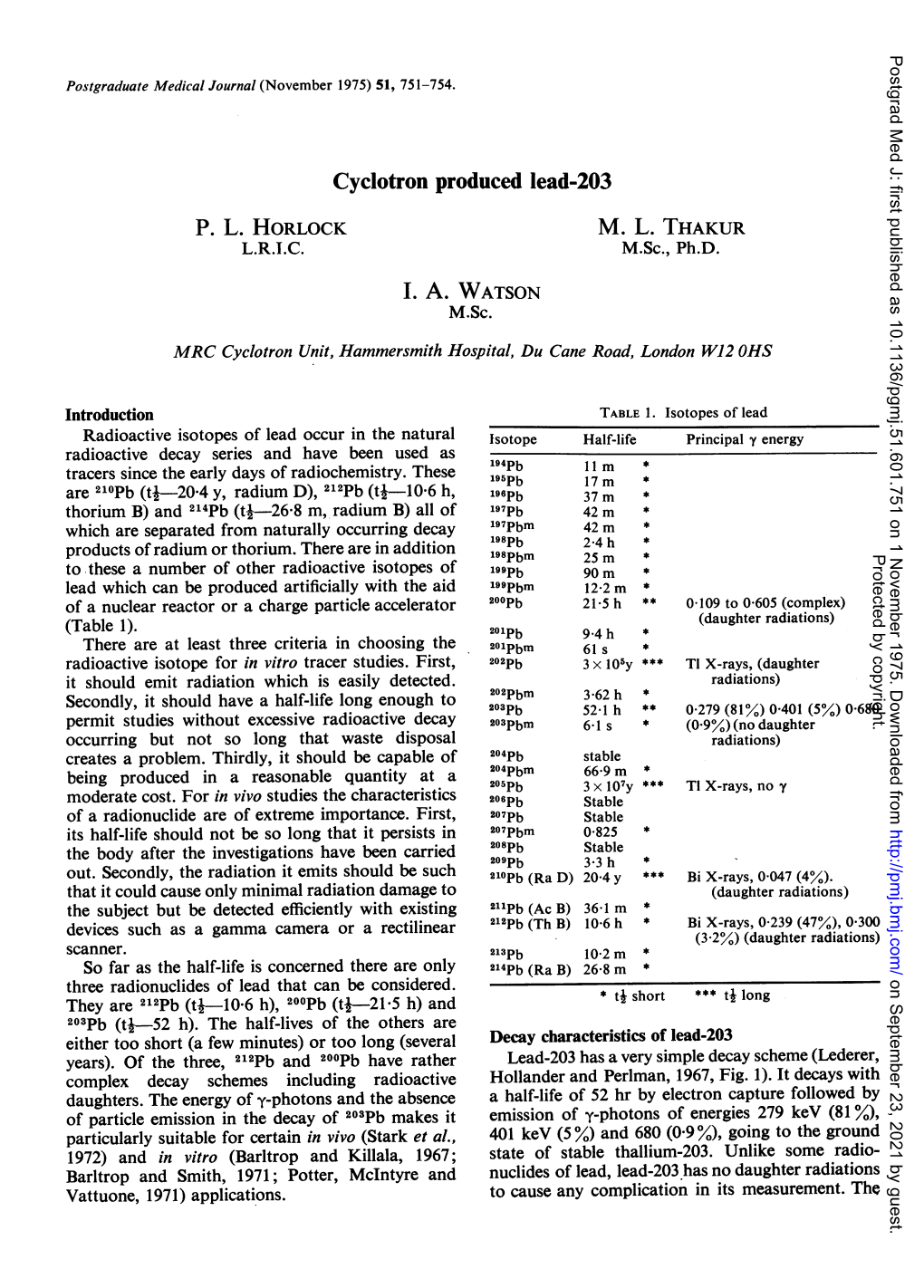 Cyclotron Produced Lead-203 P