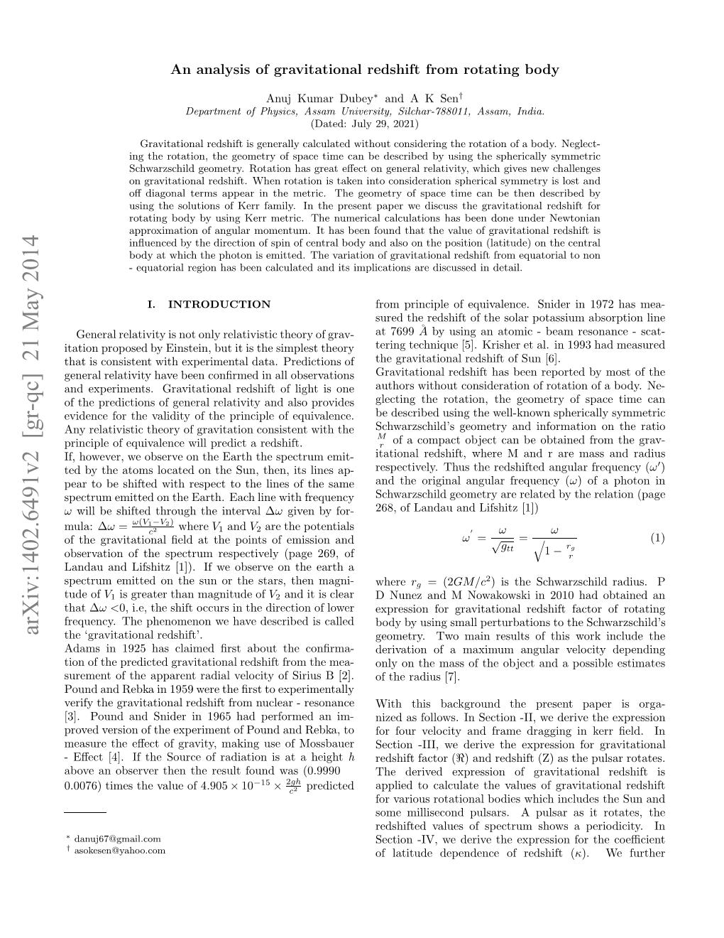 An Analysis of Gravitational Redshift from Rotating Body