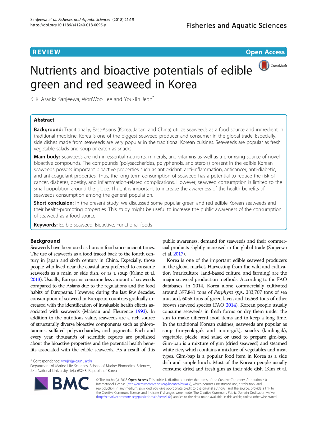 Nutrients and Bioactive Potentials of Edible Green and Red Seaweed in Korea K