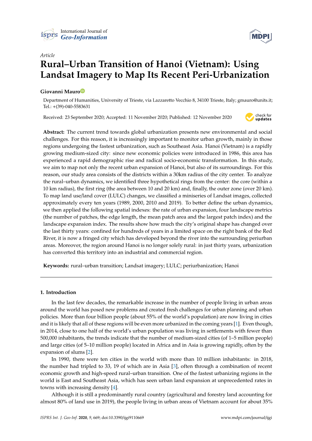 Rural–Urban Transition of Hanoi (Vietnam): Using Landsat Imagery to Map Its Recent Peri-Urbanization