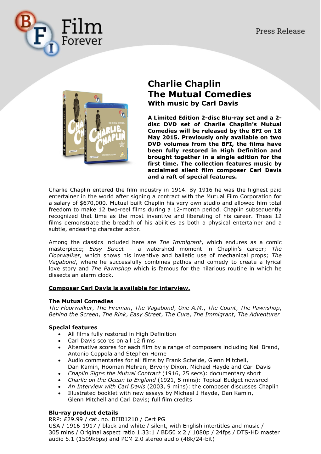 Charlie Chaplin the Mutual Comedies with Music by Carl Davis