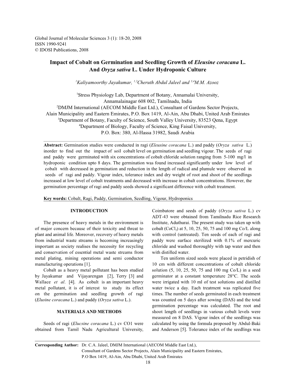 Impact of Cobalt on Germination and Seedling Growth of Eleusine Coracana L