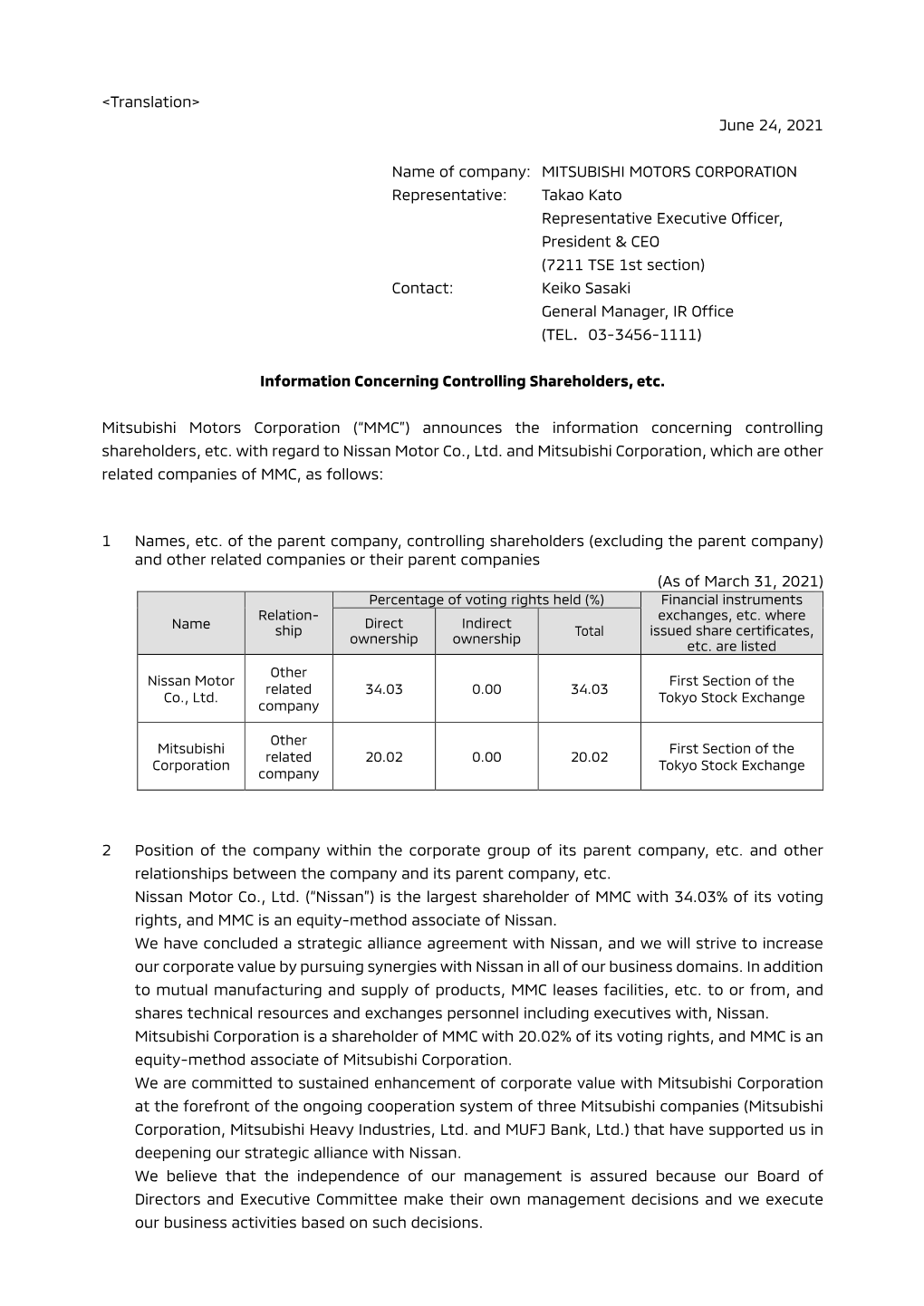 <Translation> June 24, 2021 Name of Company