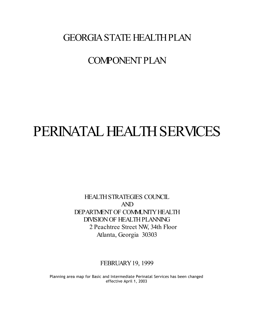 Perinatal Health Services Component Plan