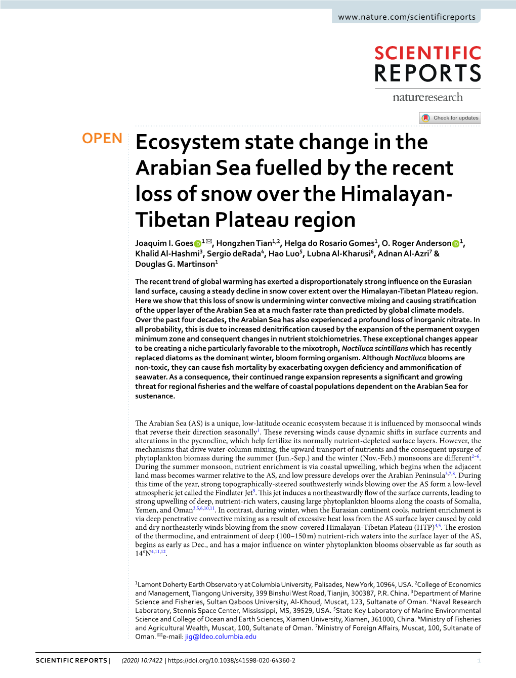 Ecosystem State Change in the Arabian Sea Fuelled by the Recent Loss of Snow Over the Himalayan- Tibetan Plateau Region Joaquim I