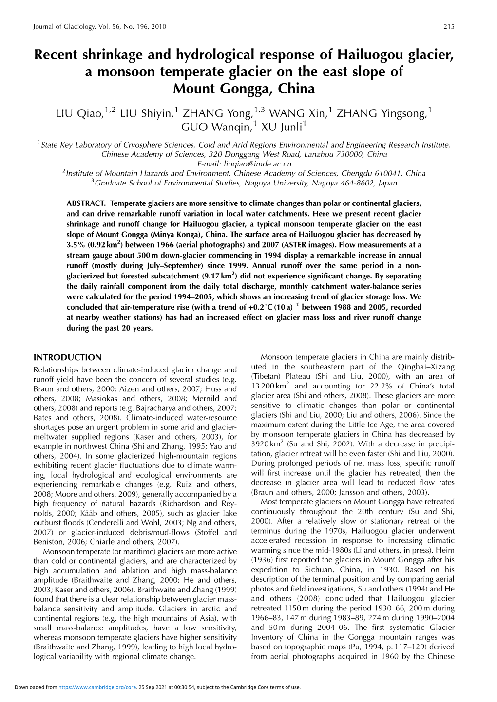 Recent Shrinkage and Hydrological Response of Hailuogou Glacier, a Monsoon Temperate Glacier on the East Slope of Mount Gongga, China