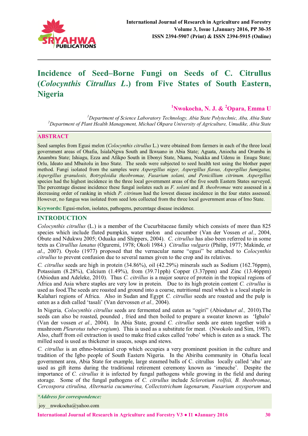 Incidence of Seed–Borne Fungi on Seeds of C. Citrullus (Colocynthis Citrullus L.) from Five States of South Eastern, Nigeria