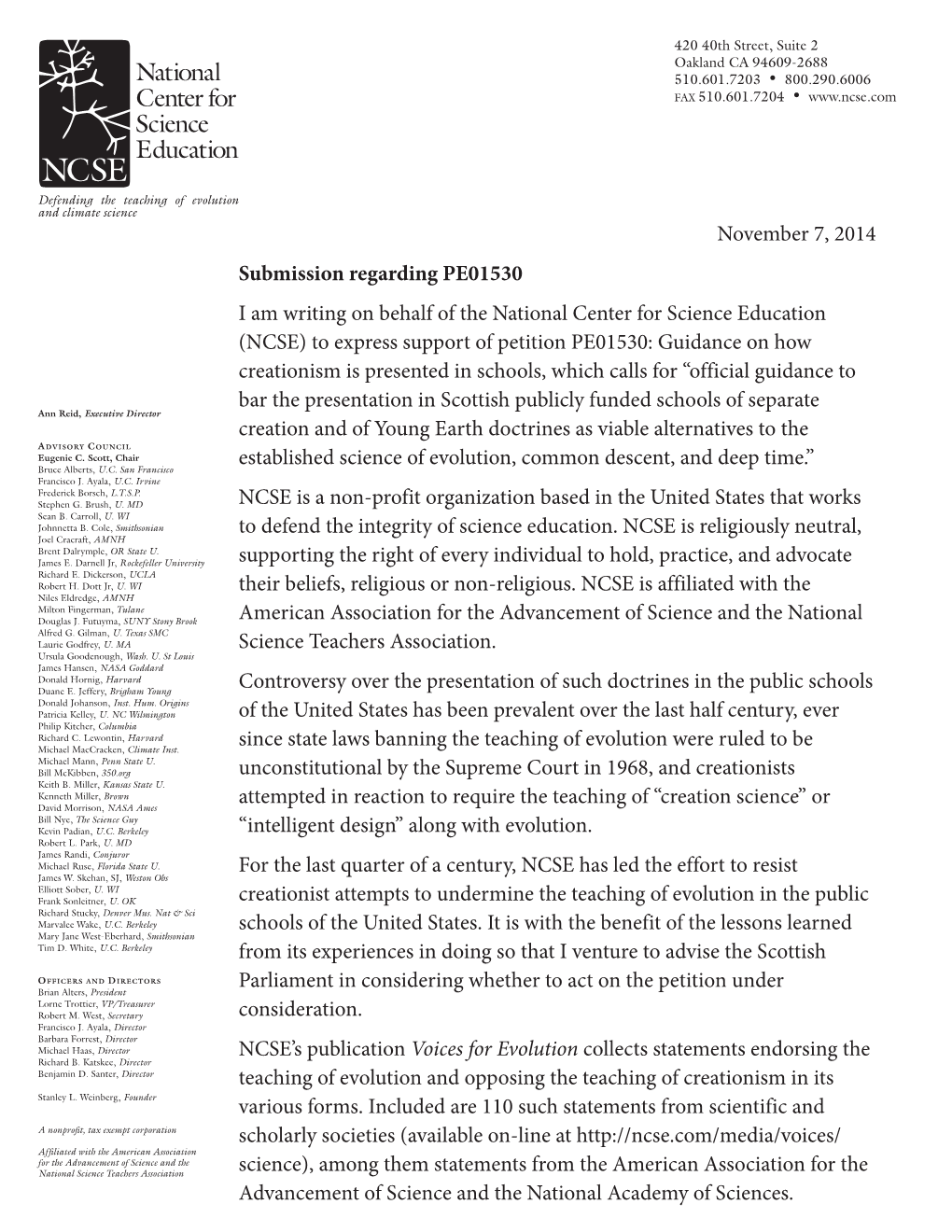 PE1530/L: National Center for Science Education Letter of 7