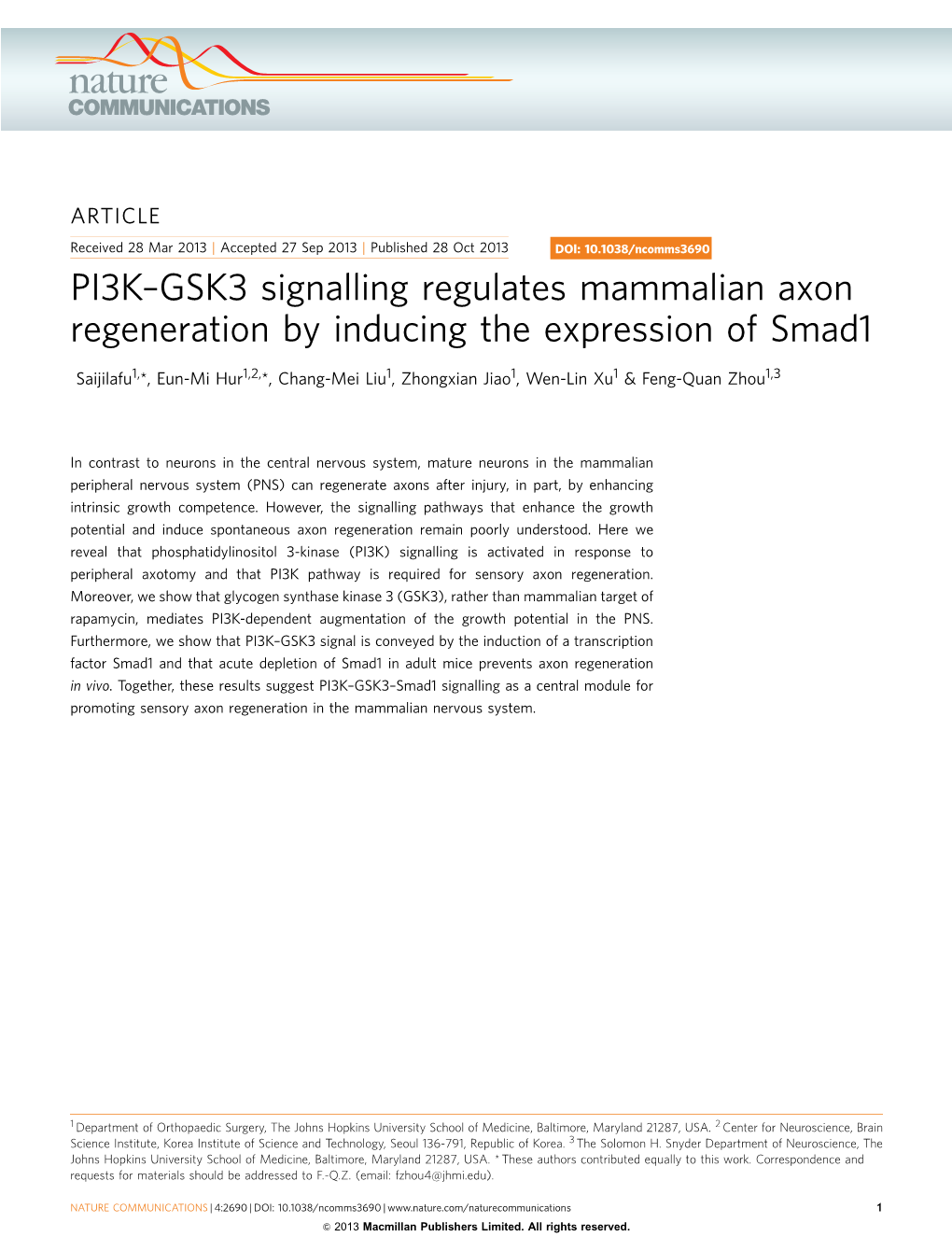 GSK3 Signalling Regulates Mammalian Axon Regeneration by Inducing the Expression of Smad1