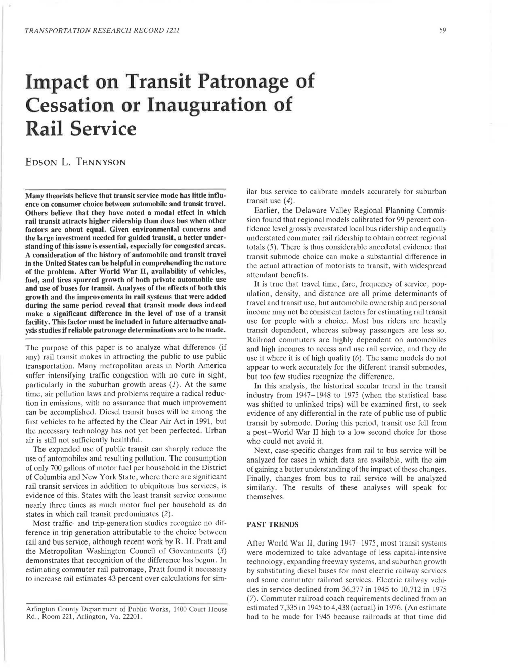 Impact on Transit Patronage of Cessation Or Inauguration of Rail Service