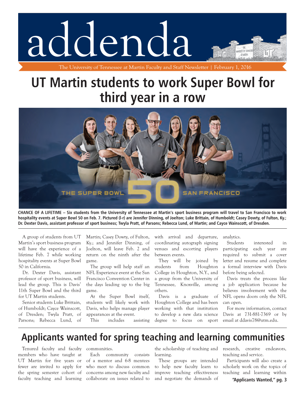 UT Martin Students to Work Super Bowl for Third Year in a Row