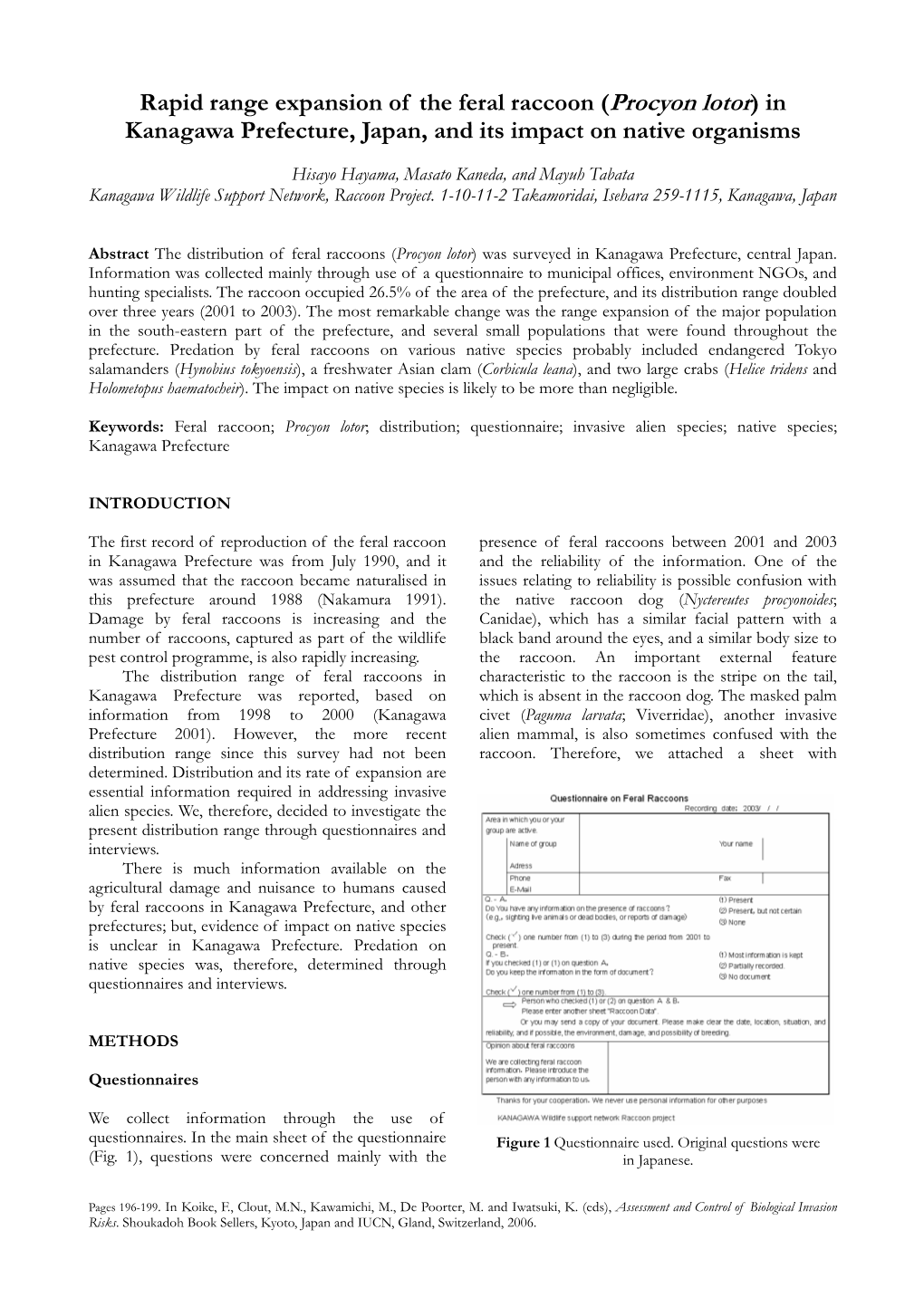 Rapid Range Expansion of the Feral Raccoon (Procyon Lotor) in Kanagawa Prefecture, Japan, and Its Impact on Native Organisms