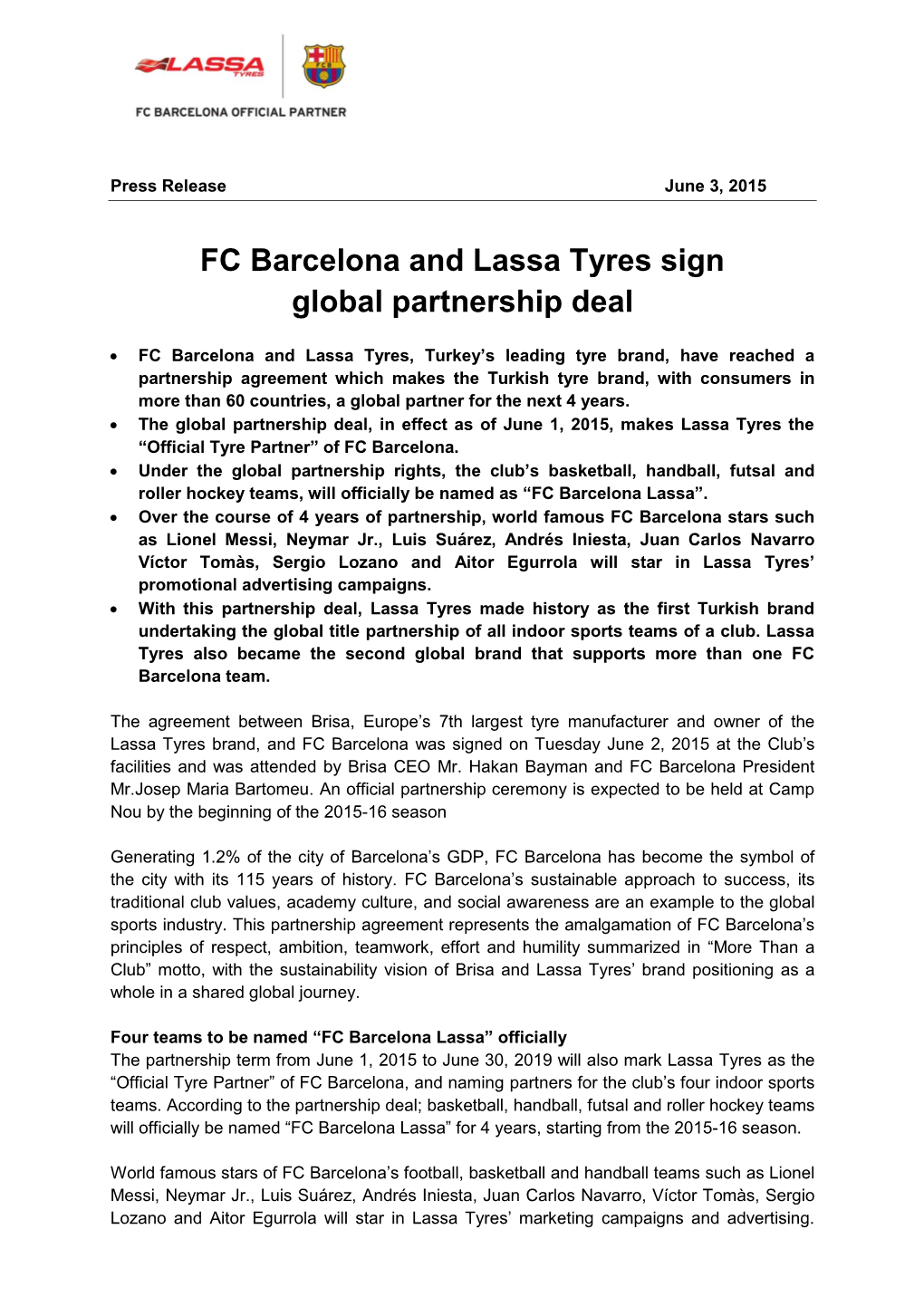 FC Barcelona and Lassa Tyres Sign Global Partnership Deal