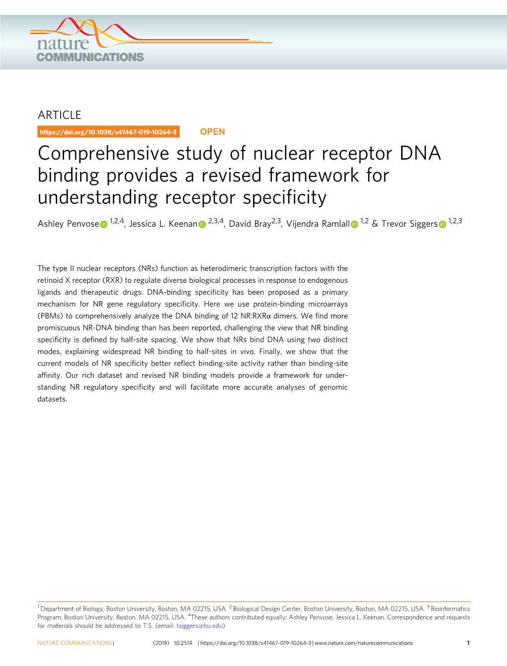 Comprehensive Study of Nuclear Receptor DNA Binding Provides a Revised Framework for Understanding Receptor Speciﬁcity