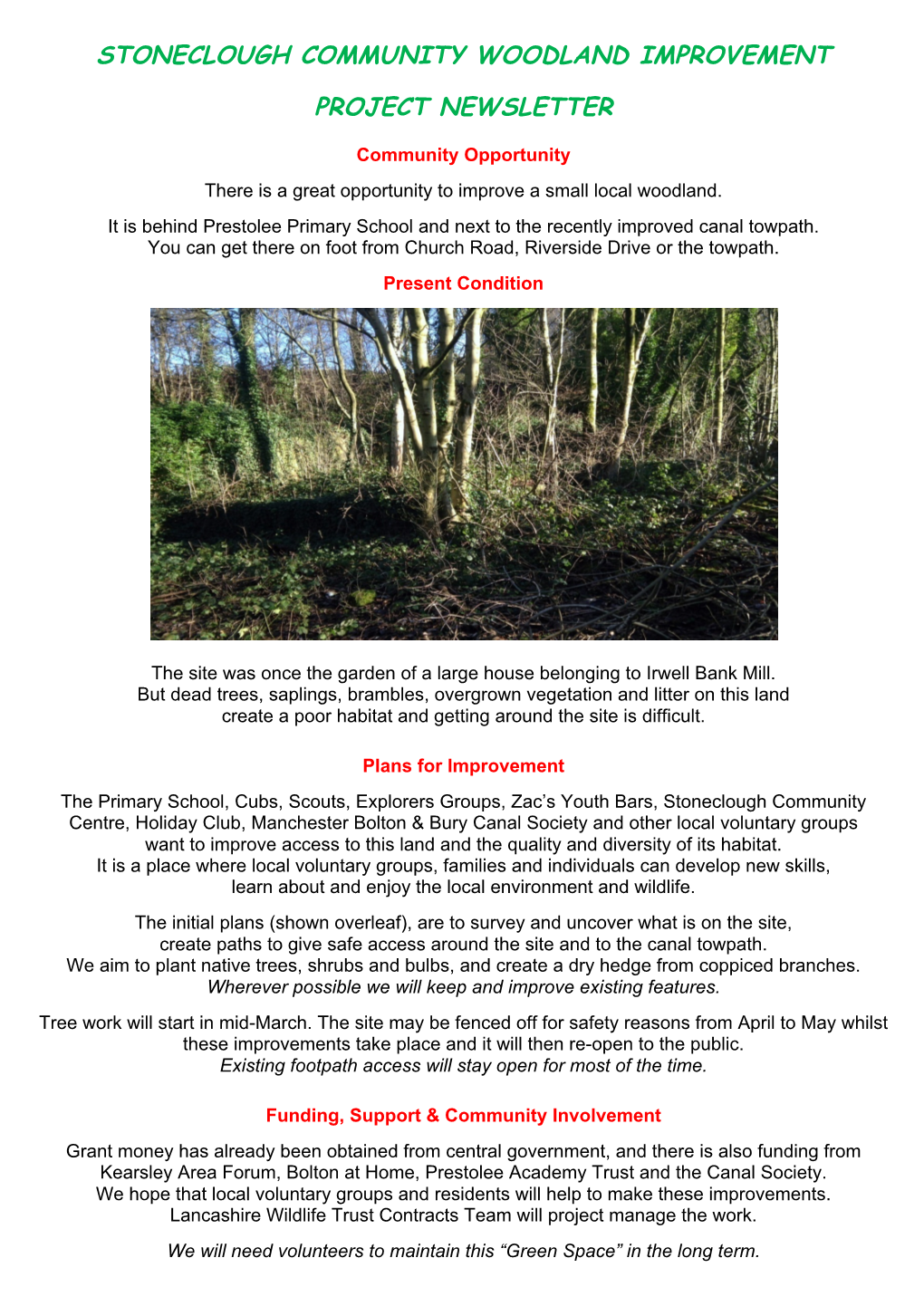 Stoneclough Community Woodland Improvement Project Newsletter