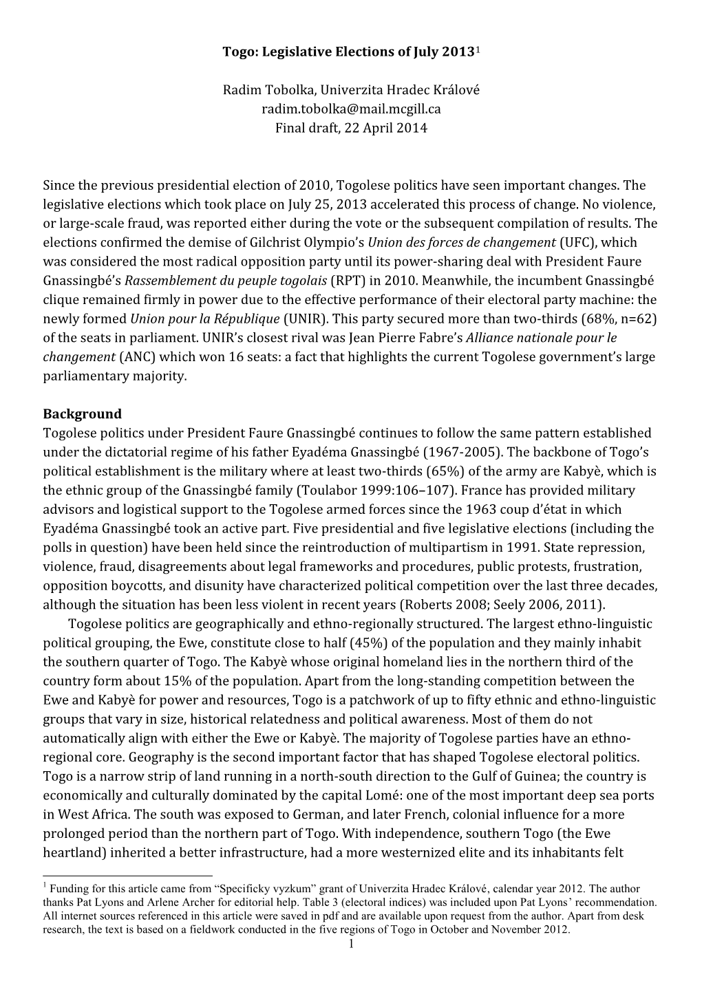Togo: Legislative Elections of July 20131 Radim Tobolka, Univerzita