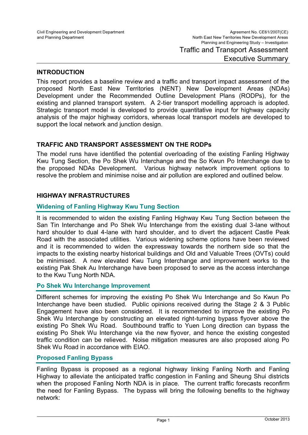 Executive Summary of Technical Report on Traffic and Transport