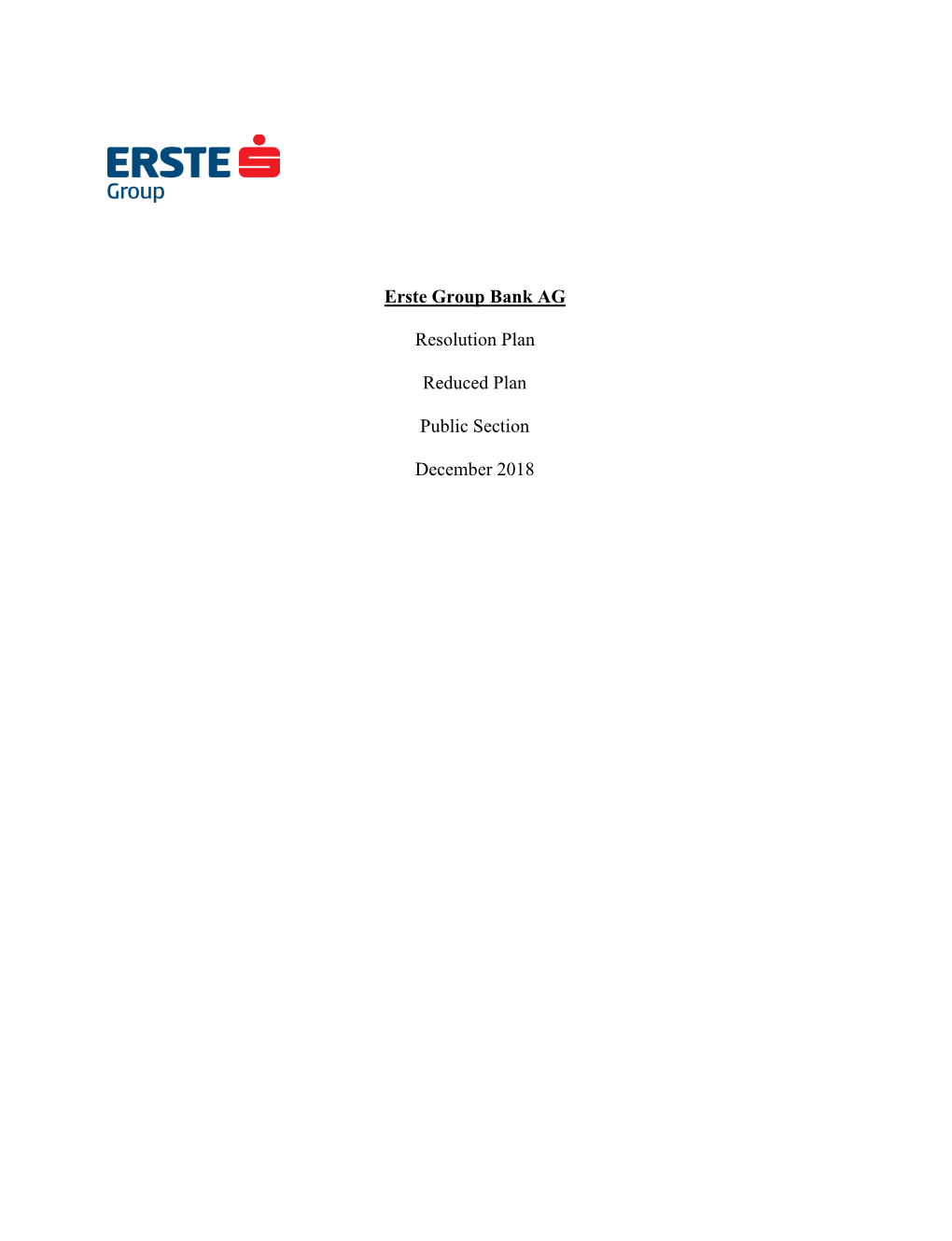 Erste Group Bank AG Resolution Plan Reduced Plan Public Section December 2018