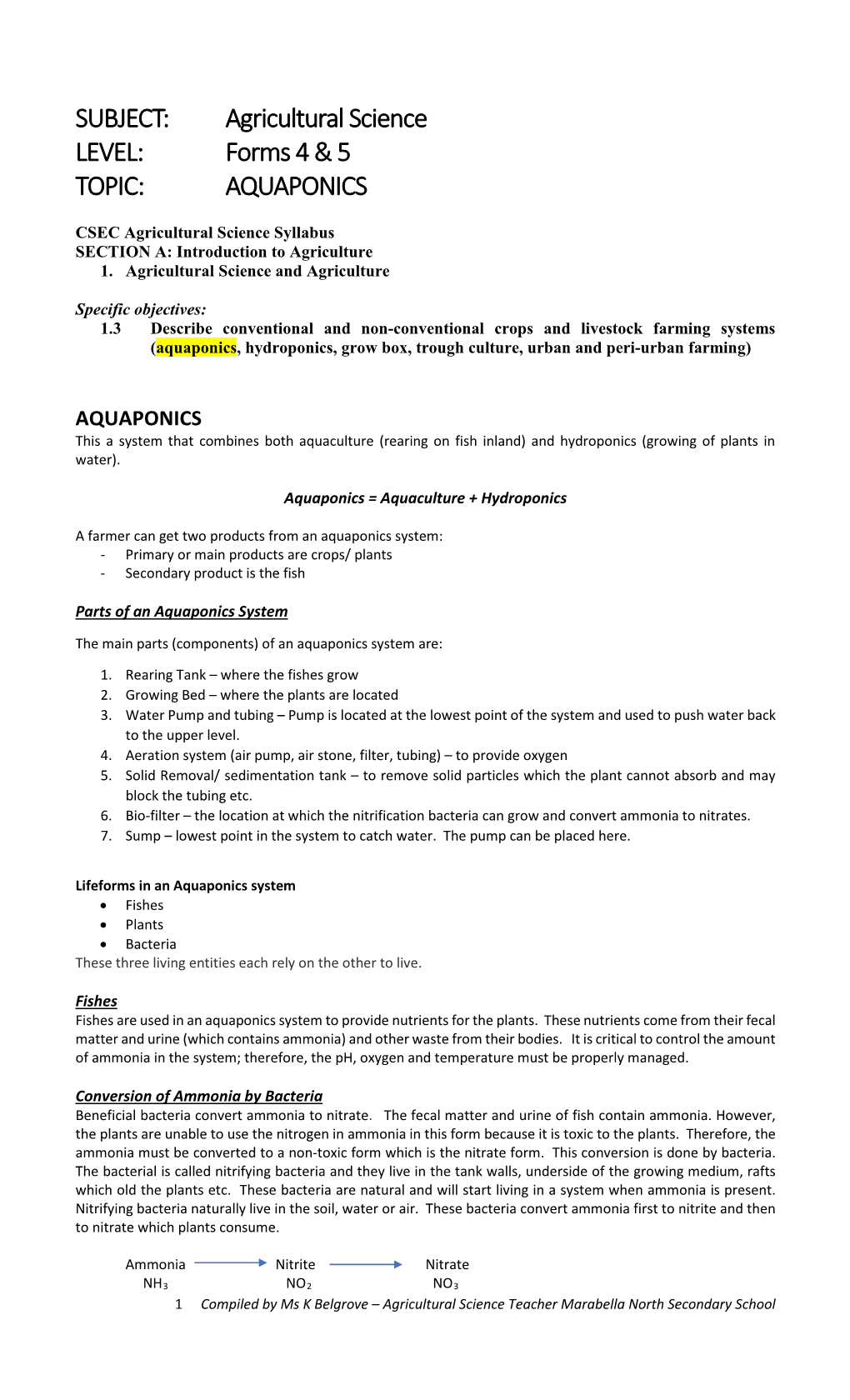 Agricultural Science LEVEL: Forms 4 & 5 TOPIC: AQUAPONICS