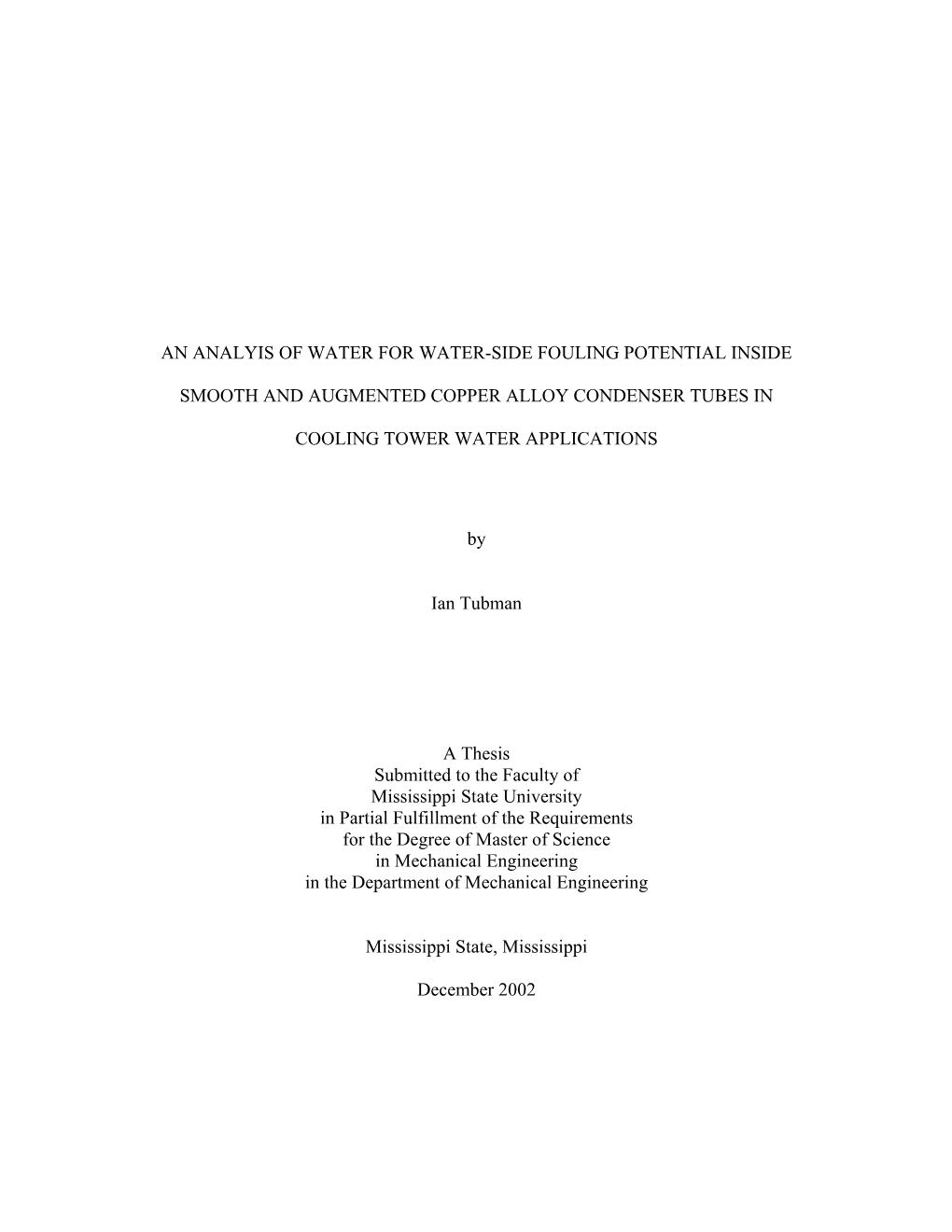 An Analysis of Water for Water-Side Fouling Potential Inside Smooth