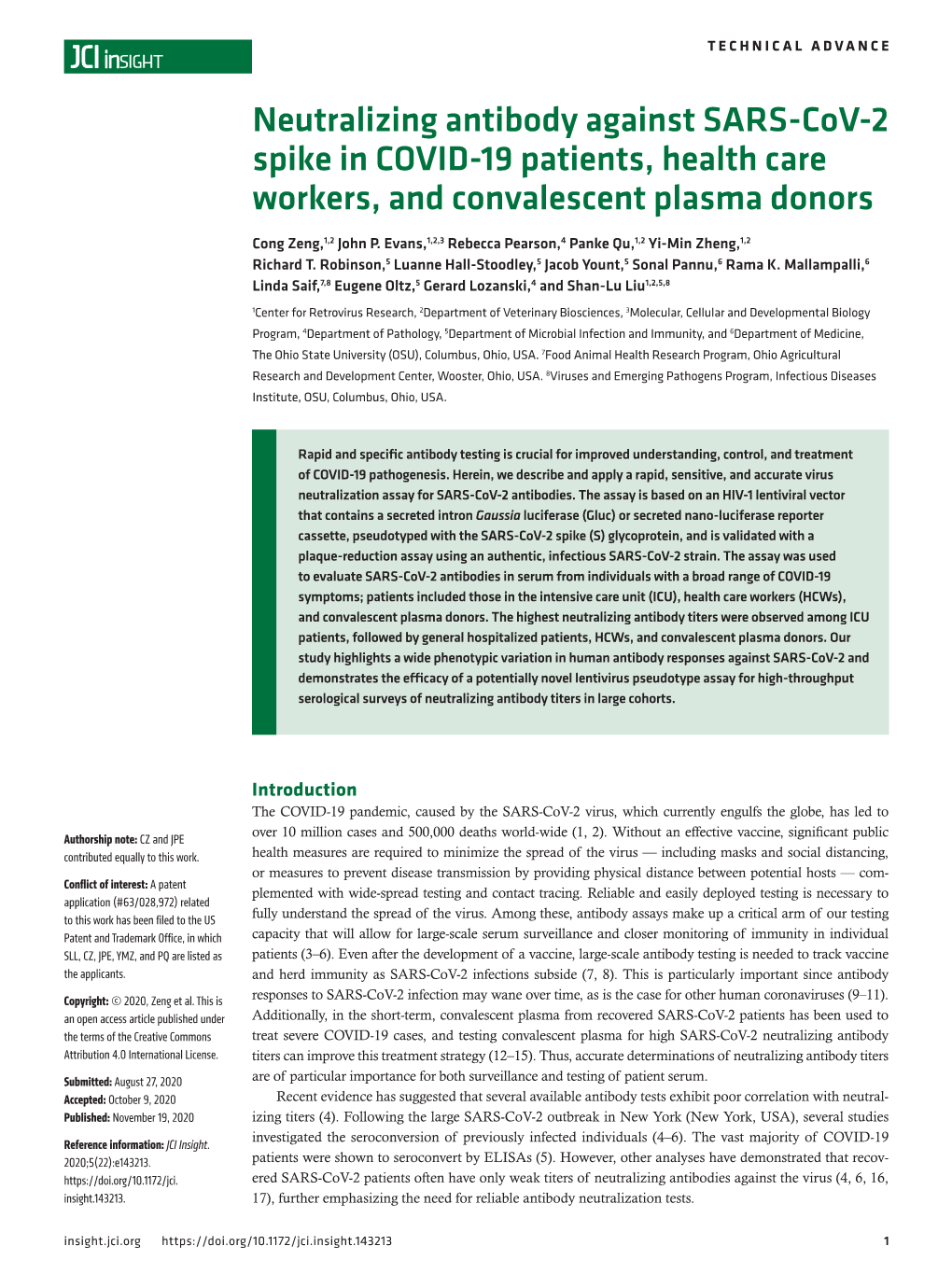 Neutralizing Antibody Against SARS-Cov-2 Spike in COVID-19 Patients, Health Care Workers, and Convalescent Plasma Donors