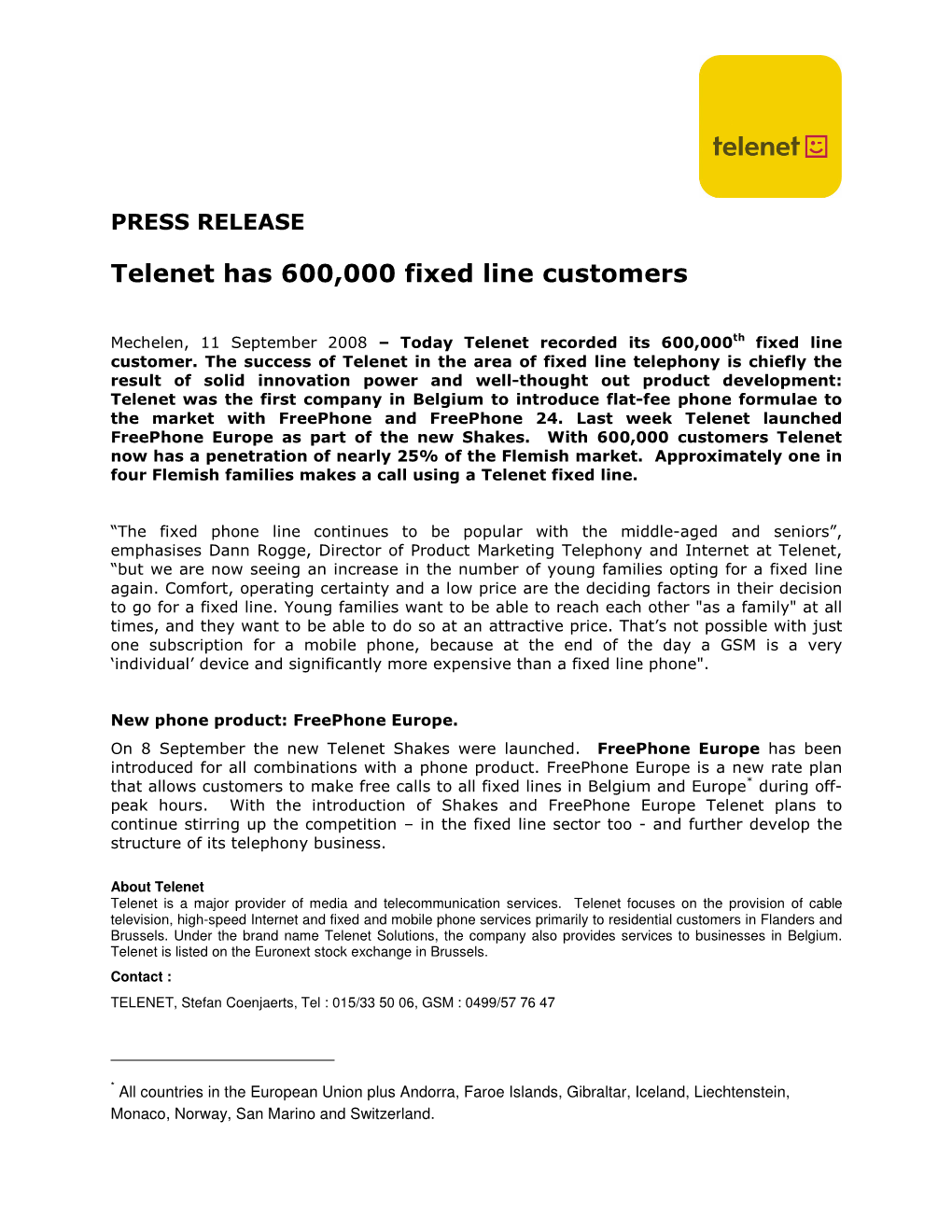 Telenet Has 600,000 Fixed Line Customers