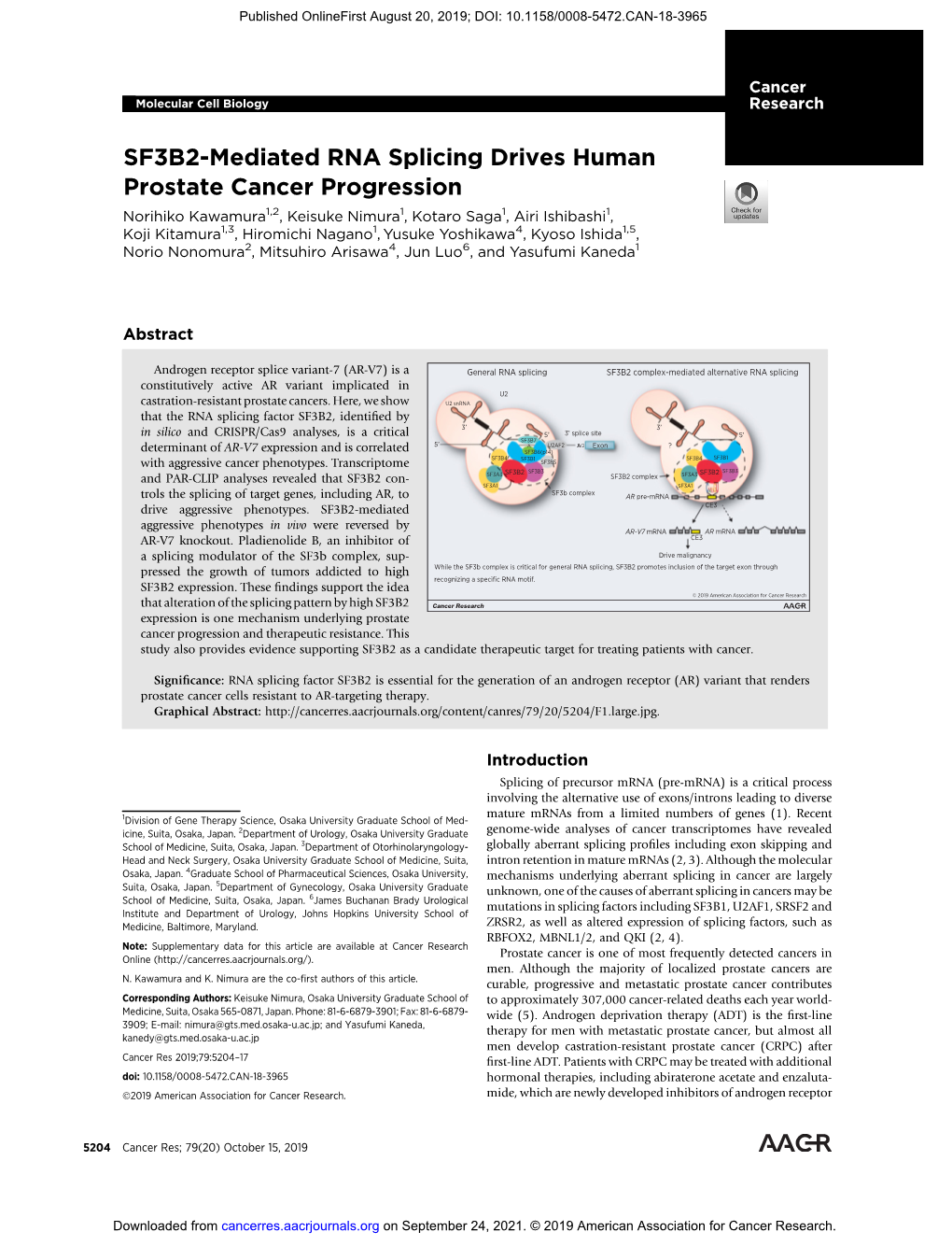 SF3B2-Mediated RNA Splicing Drives Human Prostate Cancer Progression