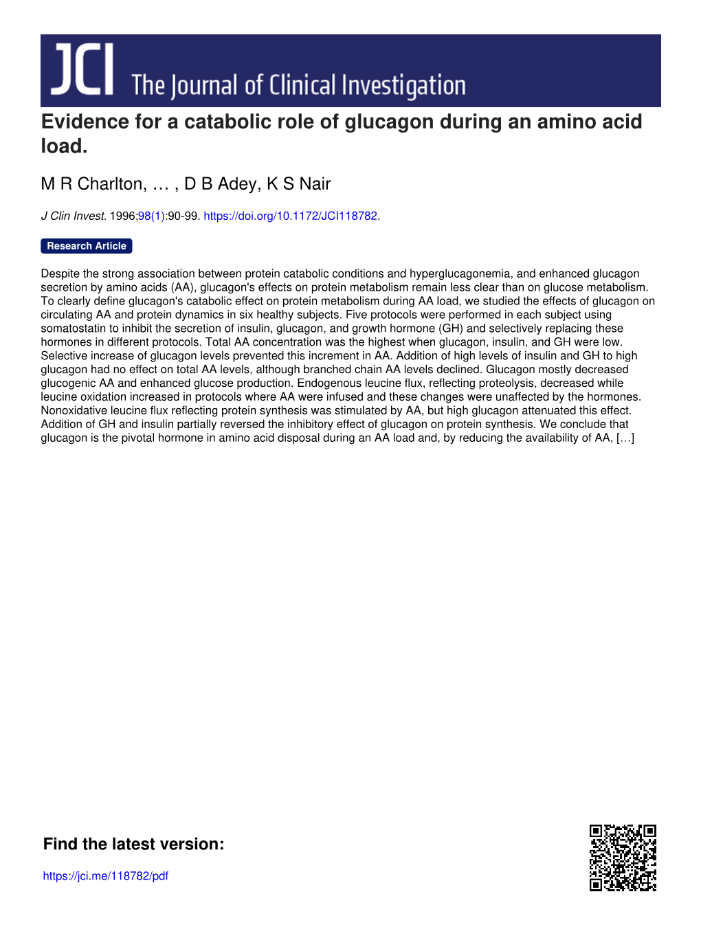 Evidence for a Catabolic Role of Glucagon During an Amino Acid Load