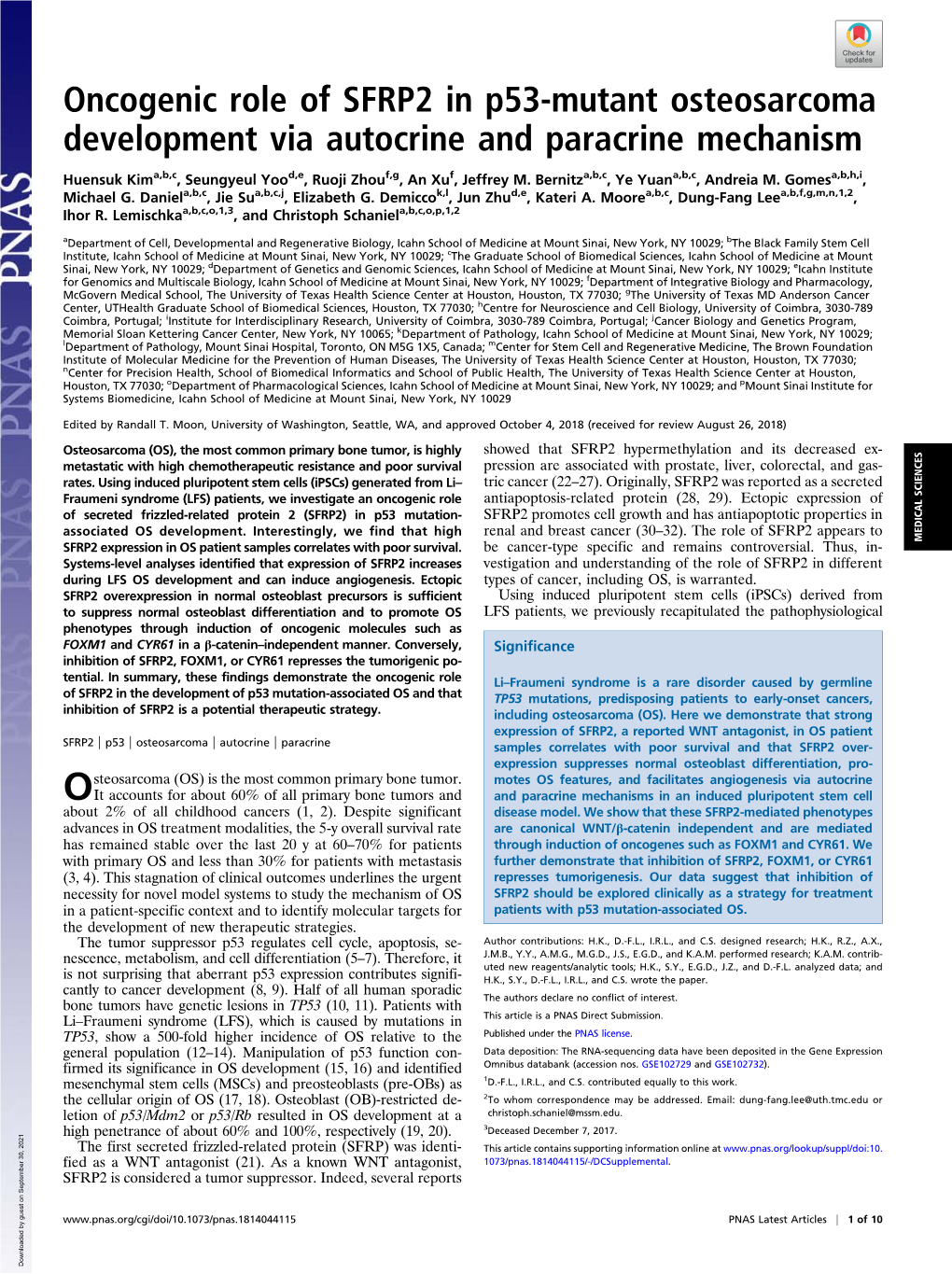 Oncogenic Role of SFRP2 in P53-Mutant Osteosarcoma Development Via Autocrine and Paracrine Mechanism