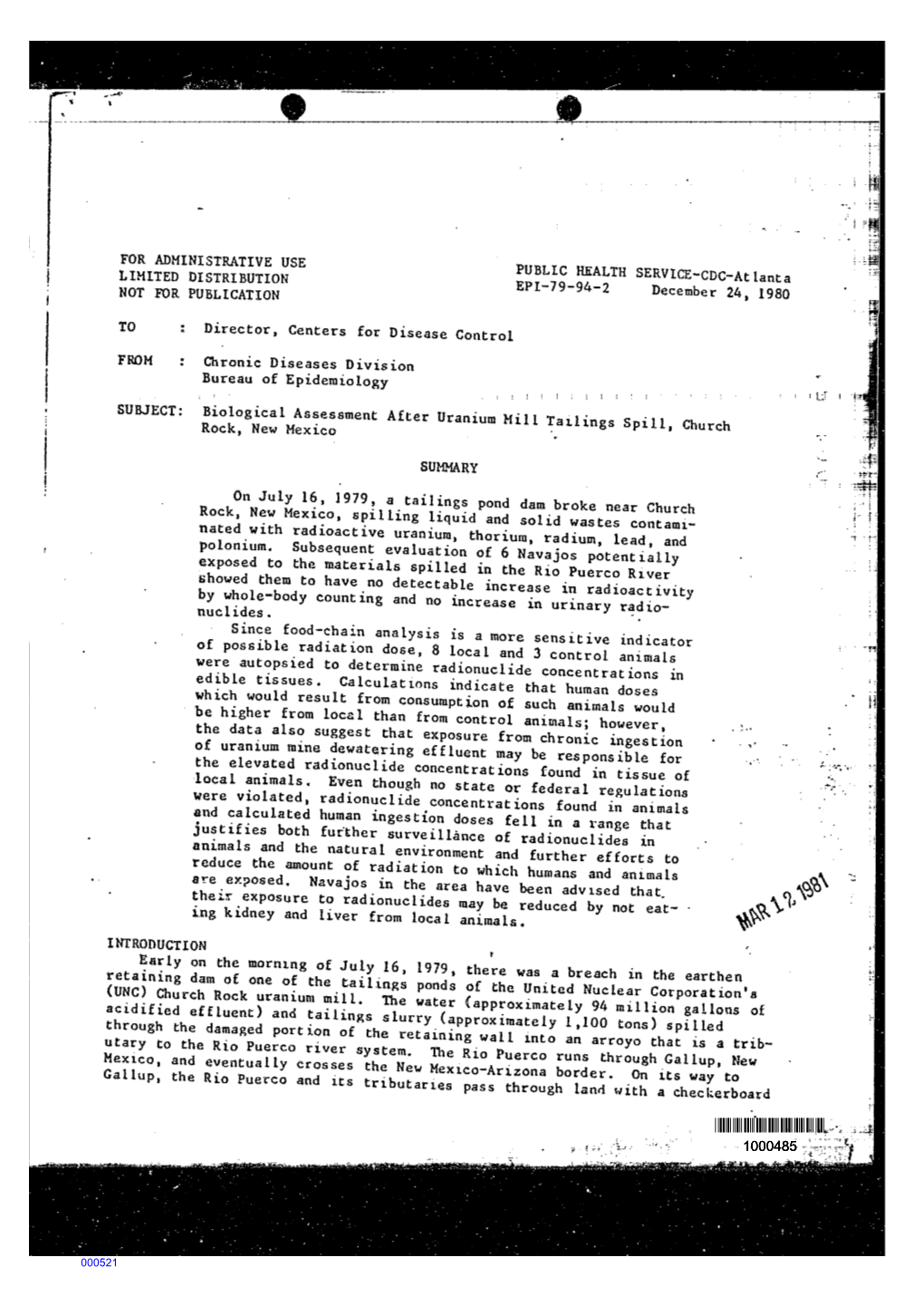 Biological Assessment After Uranium Mill Tailings Spill, Church Rock, New Mexico