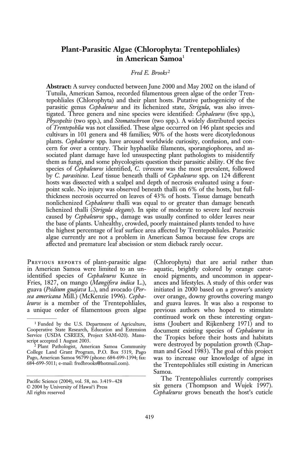 Plant-Parasitic Algae (Chlorophyta: Trentepohliales) in American Samoa1