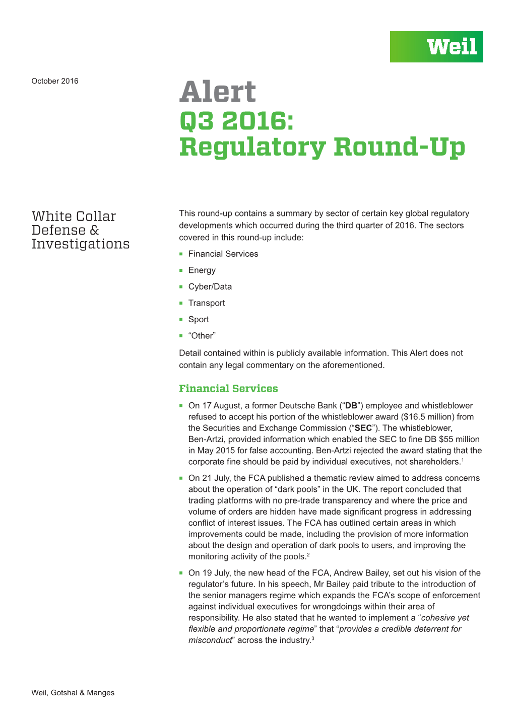 Q3 2016: Regulatory Round-Up