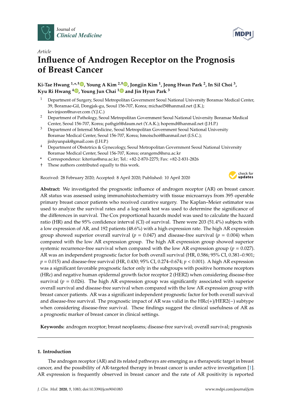 Influence of Androgen Receptor on the Prognosis of Breast Cancer