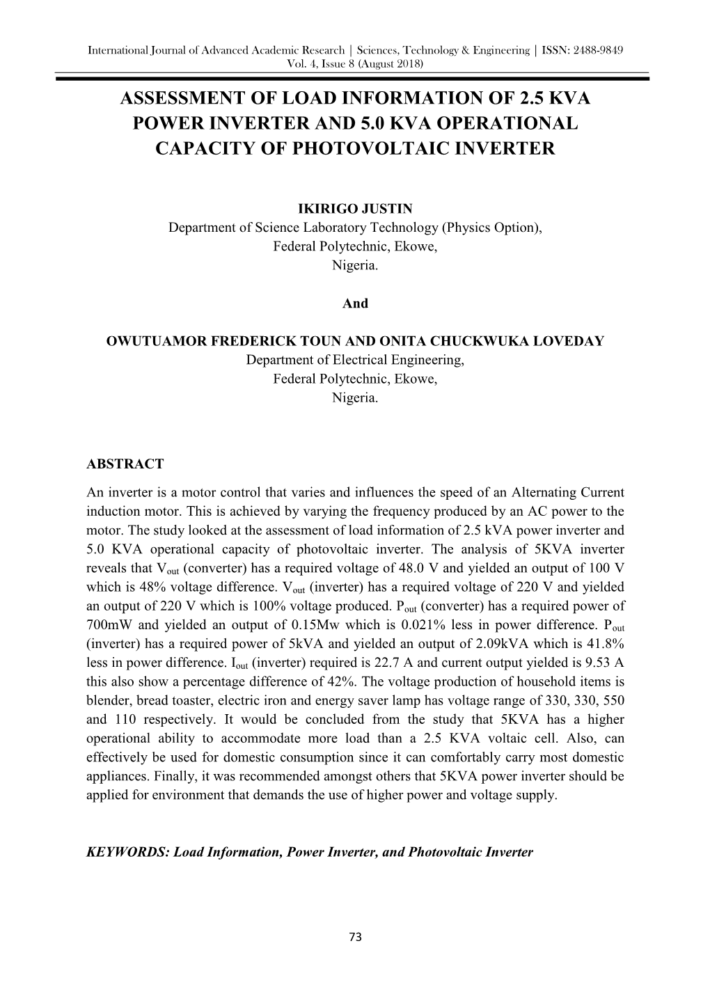 Assessment of Load Information of 2.5 Kva Power Inverter and 5.0 Kva Operational Capacity of Photovoltaic Inverter