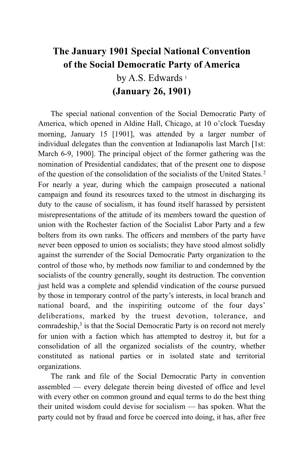 The January 1901 Special National Convention of the Social Democratic Party of America by A.S