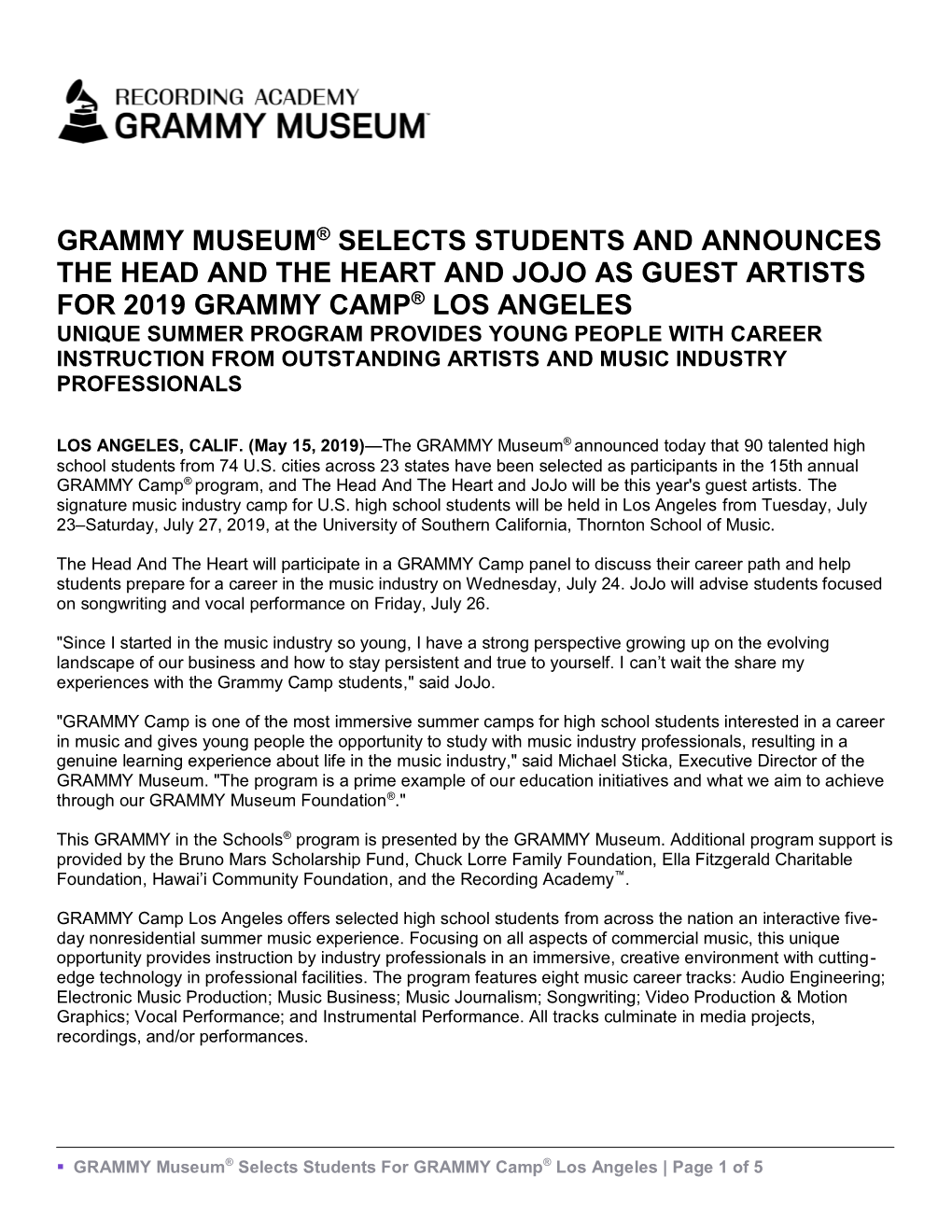 Grammy Museum® Selects Students and Announces the Head and the Heart and Jojo As Guest Artists for 2019 Grammy Camp® Los Angel