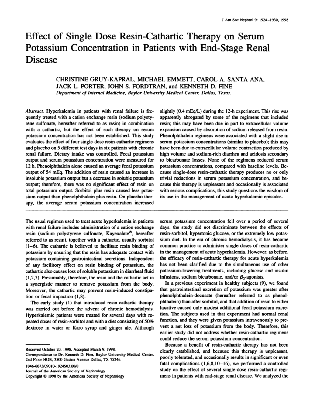 Effect of Single Dose Resin-Cathartic Therapy on Serum Potassium Concentration in Patients with End-Stage Renal Disease