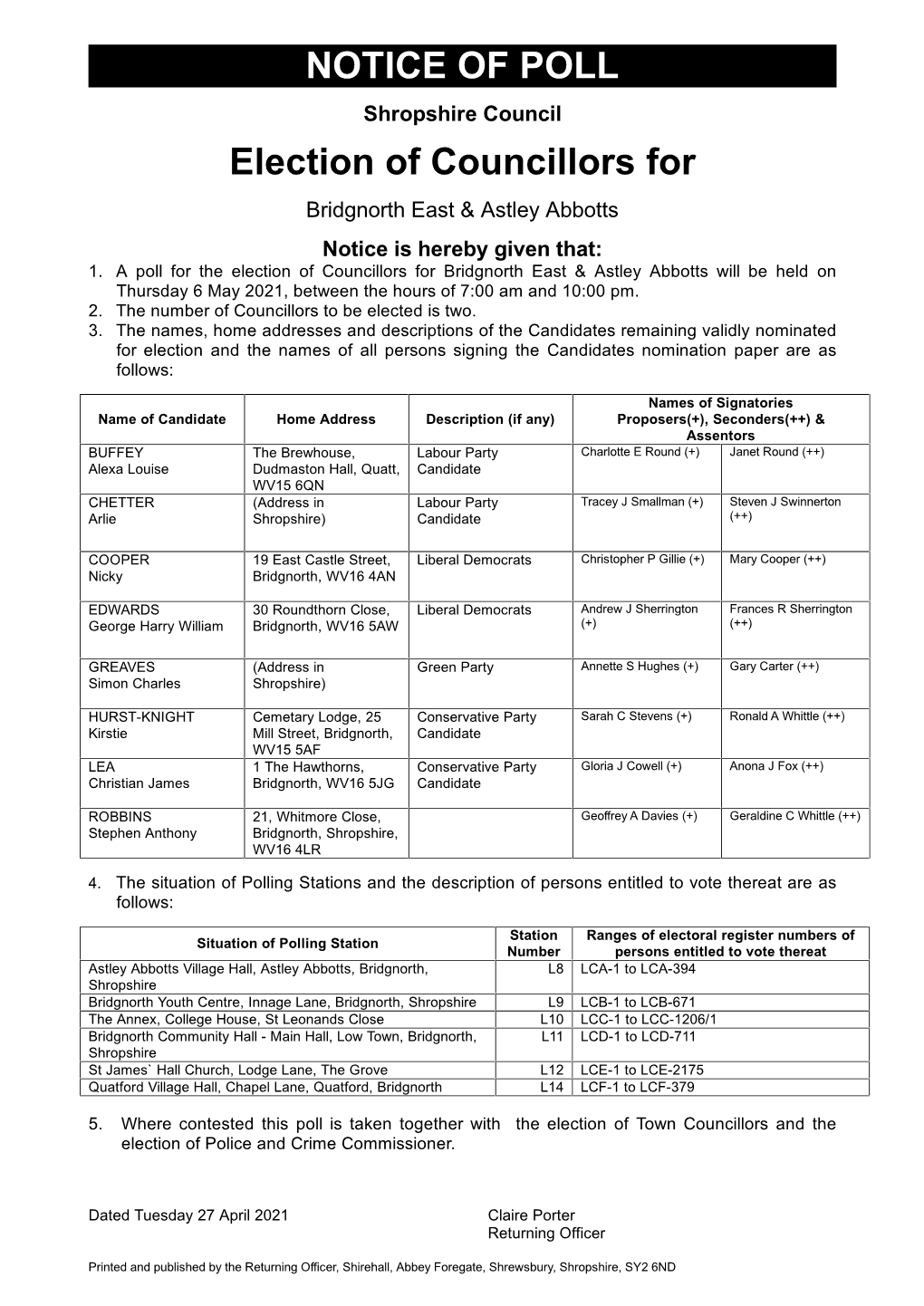 NOTICE of POLL Election of Councillors