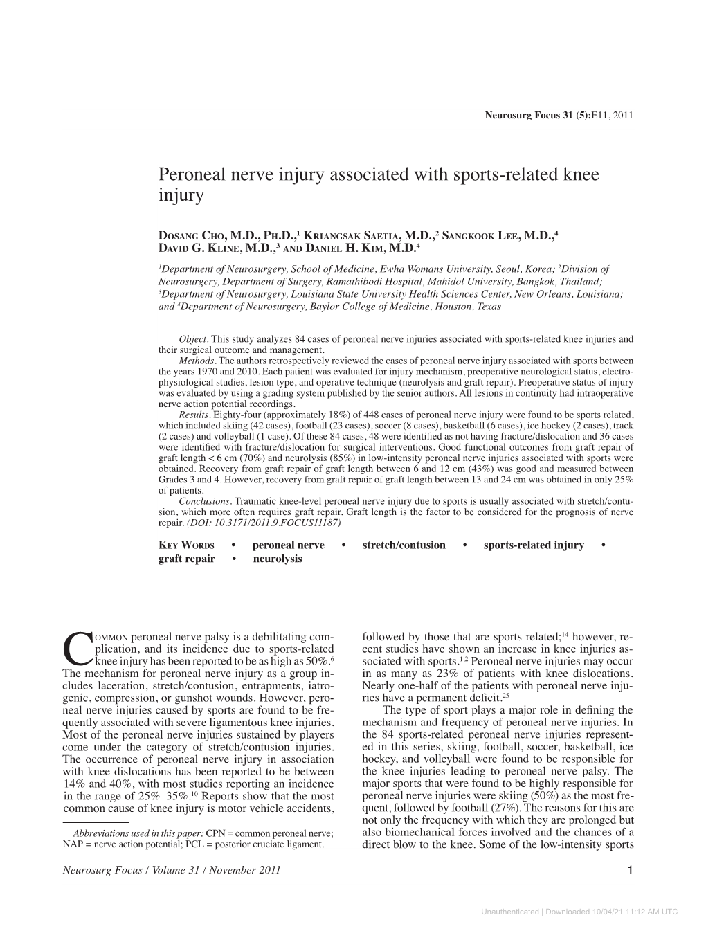 Peroneal Nerve Injury Associated with Sports-Related Knee Injury