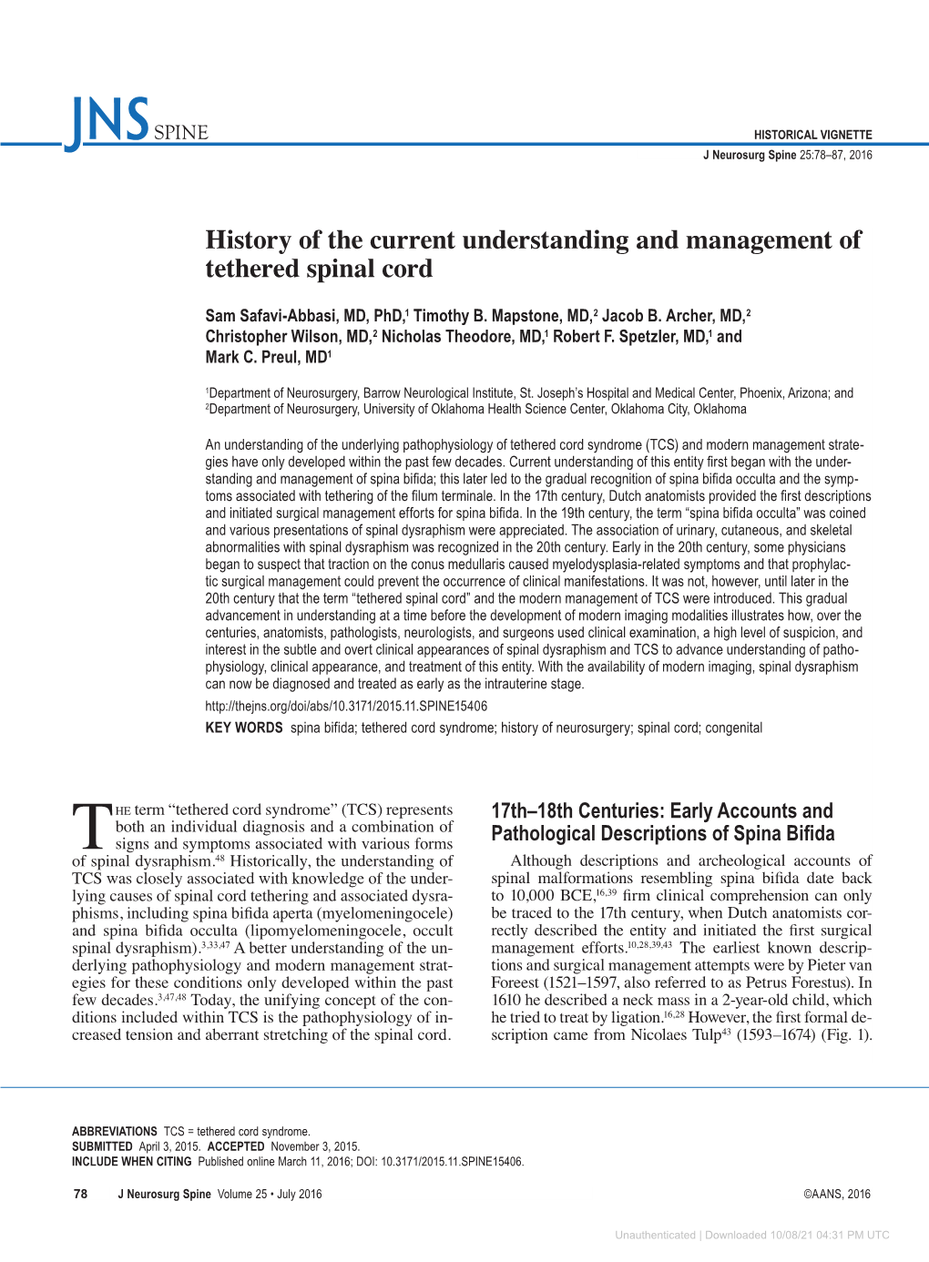 History of the Current Understanding and Management of Tethered Spinal Cord