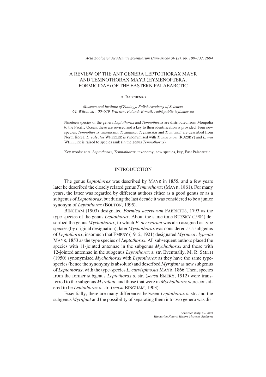 A Review of the Ant Genera Leptothorax Mayr and Temnothorax Mayr (Hymenoptera, Formicidae) of the Eastern Palaearctic