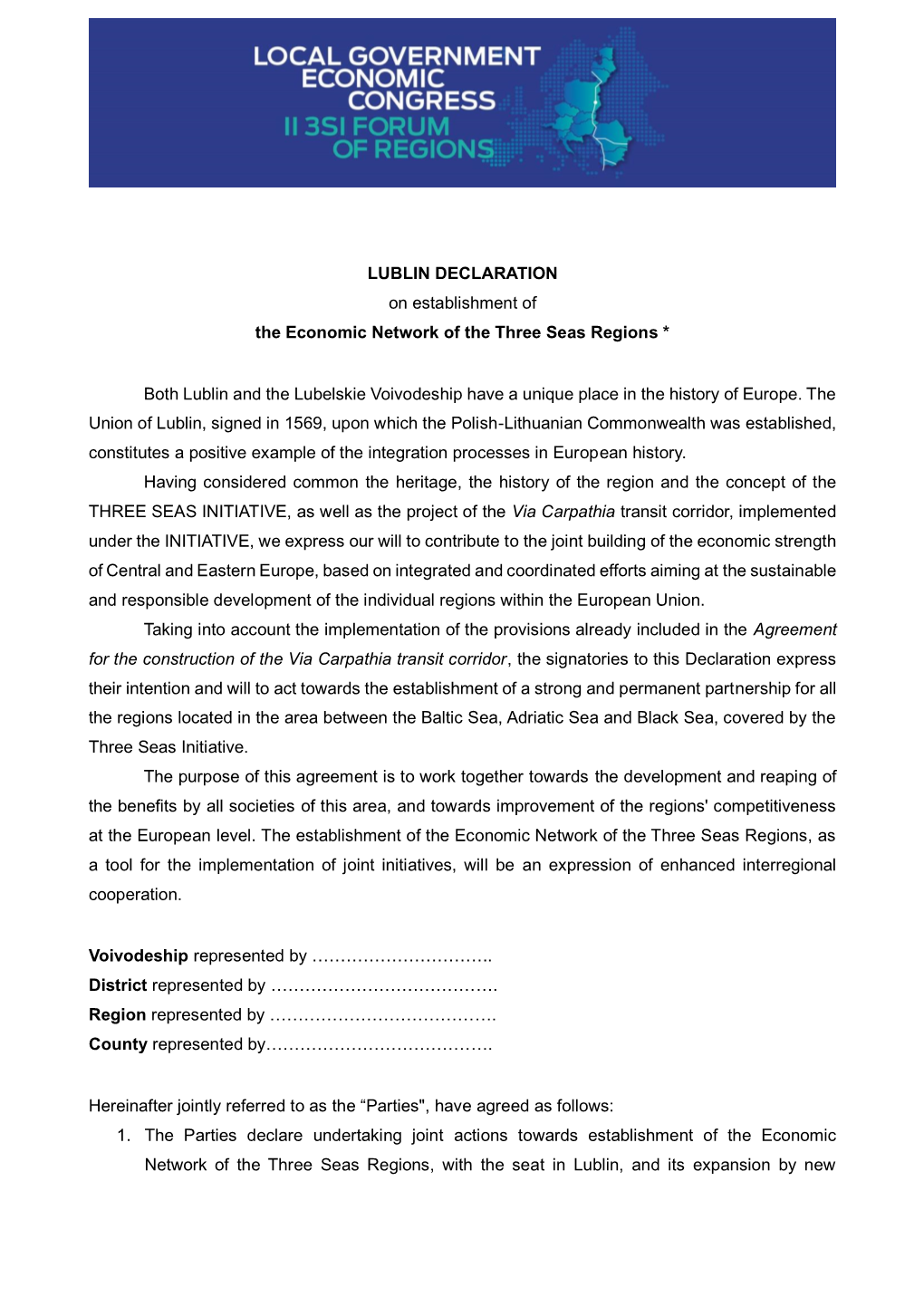 LUBLIN DECLARATION on Establishment of the Economic Network of the Three Seas Regions *