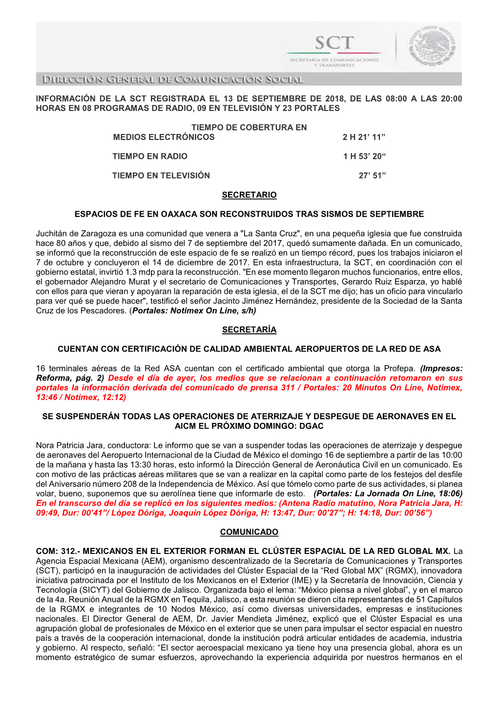 Información De La Sct Registrada El 13 De Septiembre De 2018, De Las 08:00 a Las 20:00 Horas En 08 Programas De Radio, 09 En Televisión Y 23 Portales