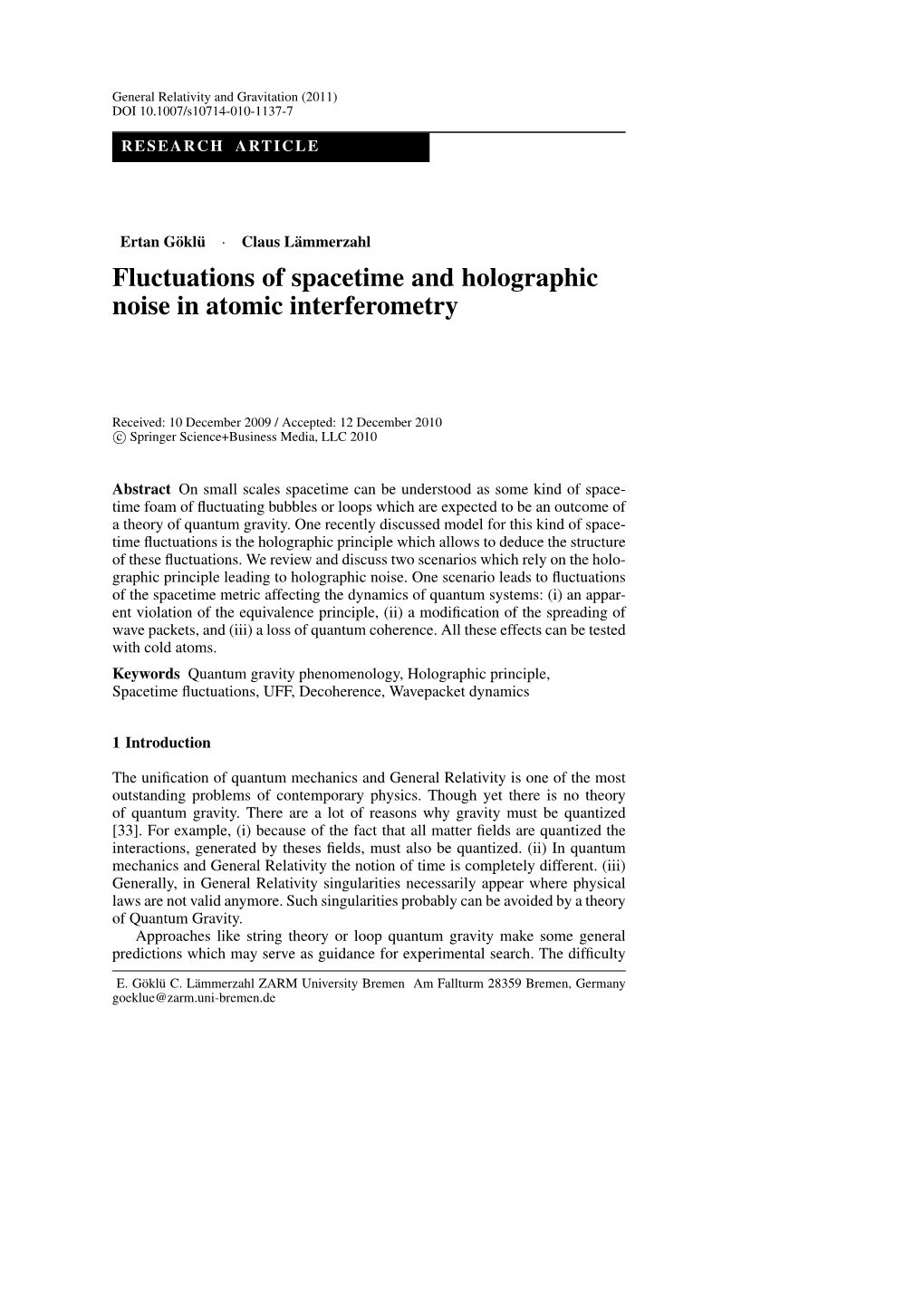 Fluctuations of Spacetime and Holographic Noise in Atomic Interferometry